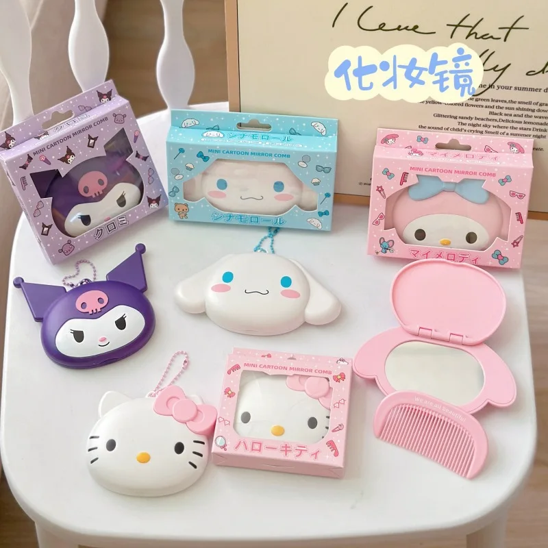 Sanrio Hello Kitty cabeza plegable Mini espejo conjunto Kuromi Cinnamoroll espejo portátil pequeño espejo melodía espejos maquillaje regalos