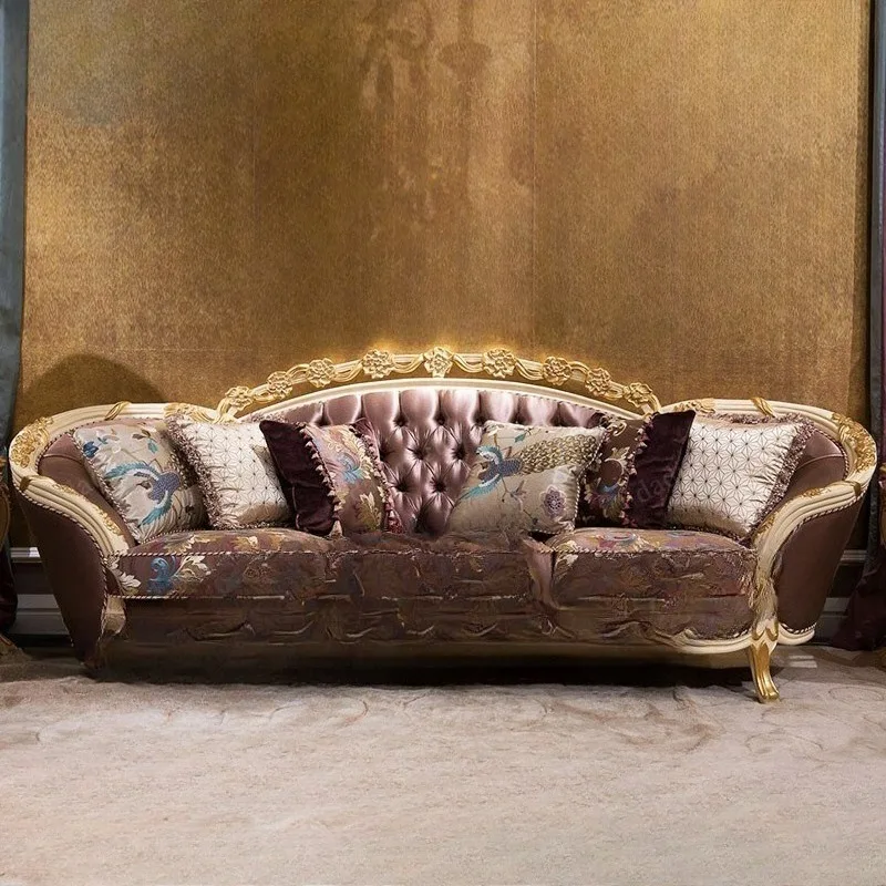 European-style solid wood rose carved sofa set, handcrafted fabric, luxurious French palace villa living room whole-house