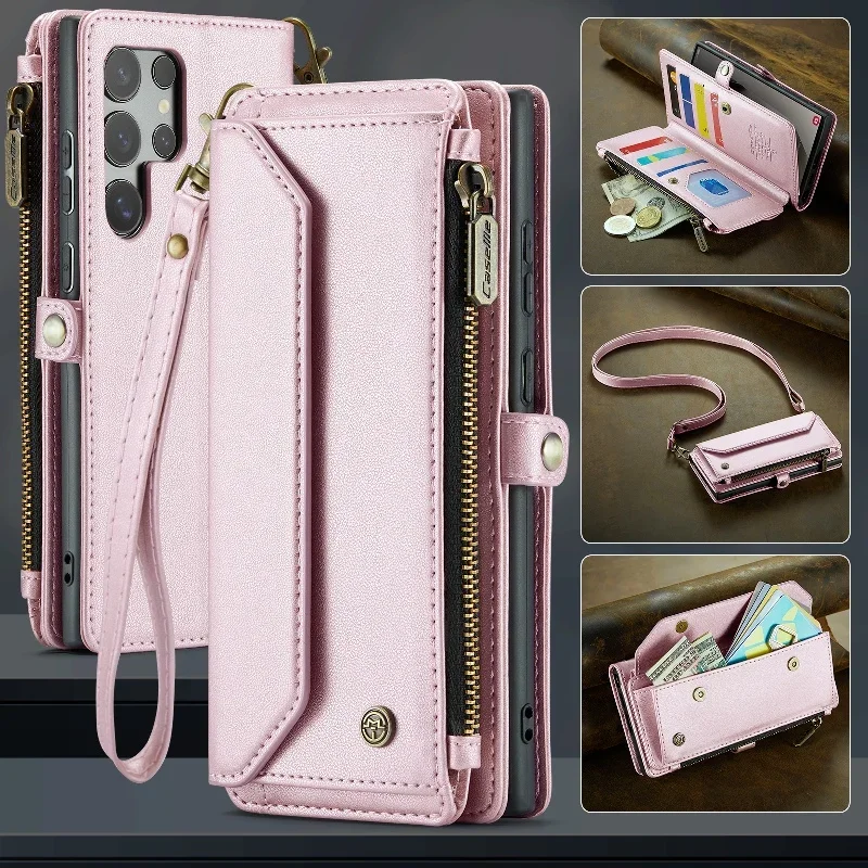

Multi Functional Wallet Case Flip Cover for Samsung Galaxy S25 S24 S23 S22 S21 S20 A55 A17 A16 A23 A24 A32 with Shoulder Strap