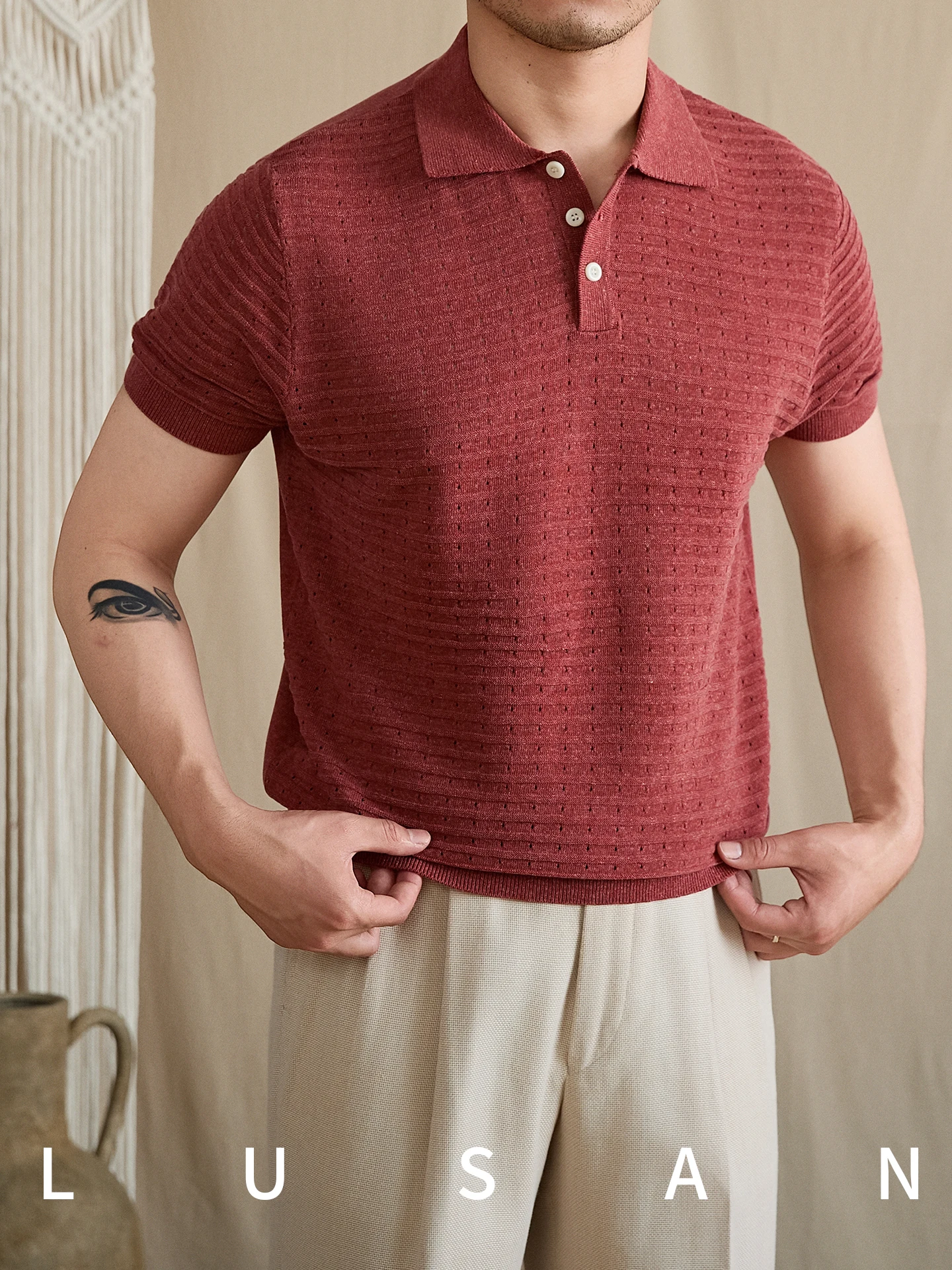 High-End Gentry Wear All-Match Hollow Woven Linen Shirt Retro Italian Lapel Casual Breathable T-shirt Men