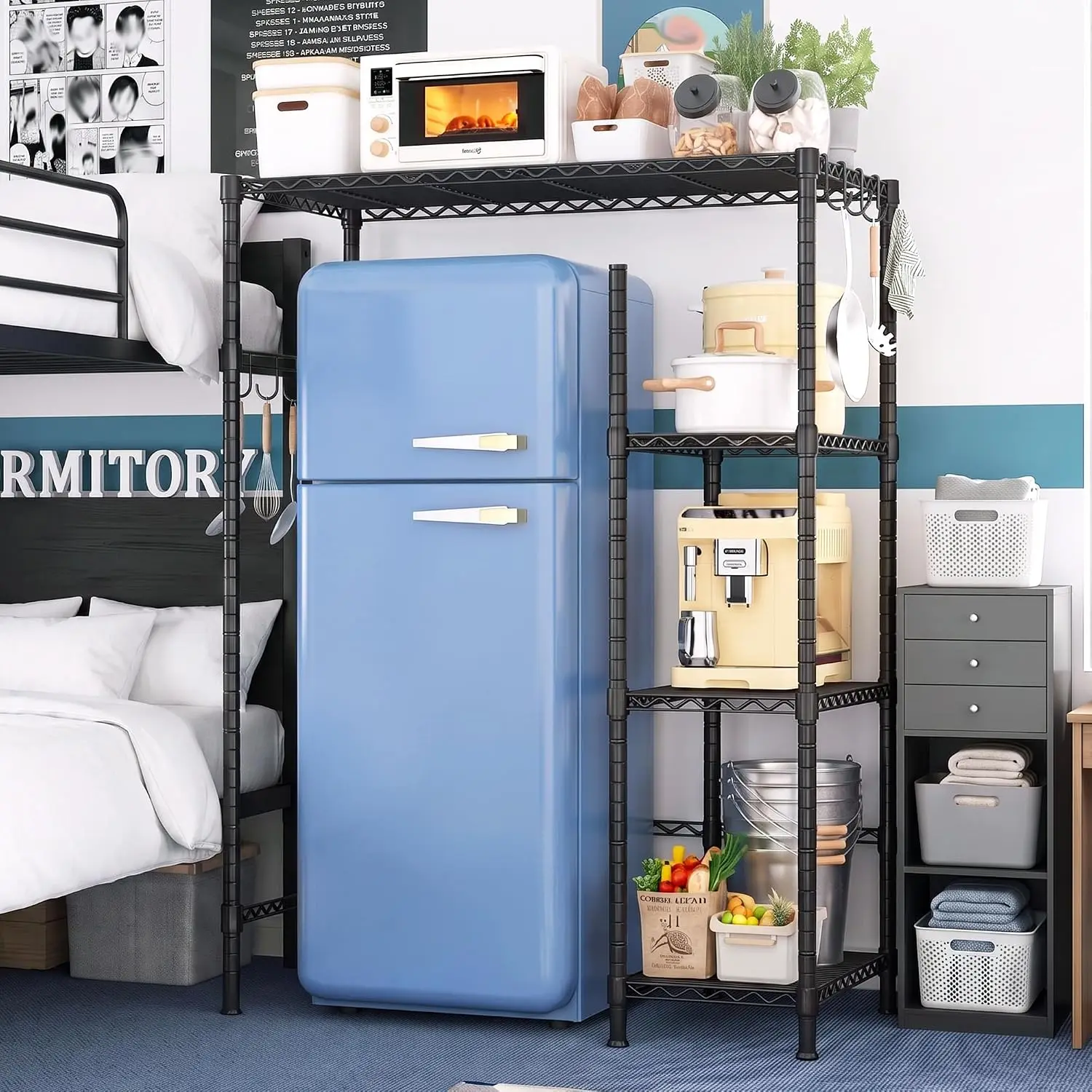 4-Tier Mini Fridge Shelf, 380LBS, Adjustable Shelves for Dorm, Black | 18.11