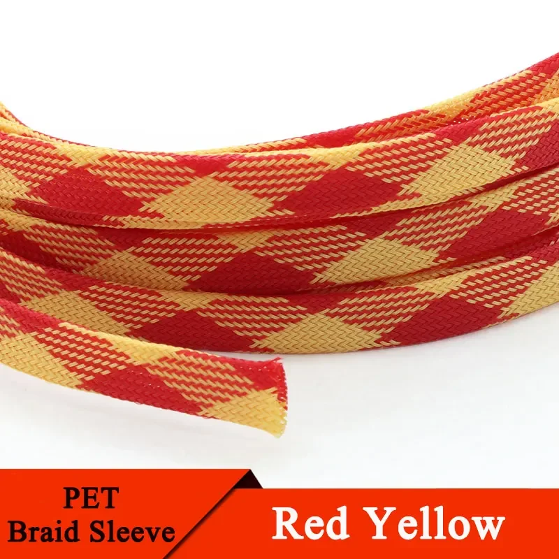 

1/5/10M Red Yellow PET Braided Sleeve 12mm High Density Insulated Cable Protection Expandable Sheath