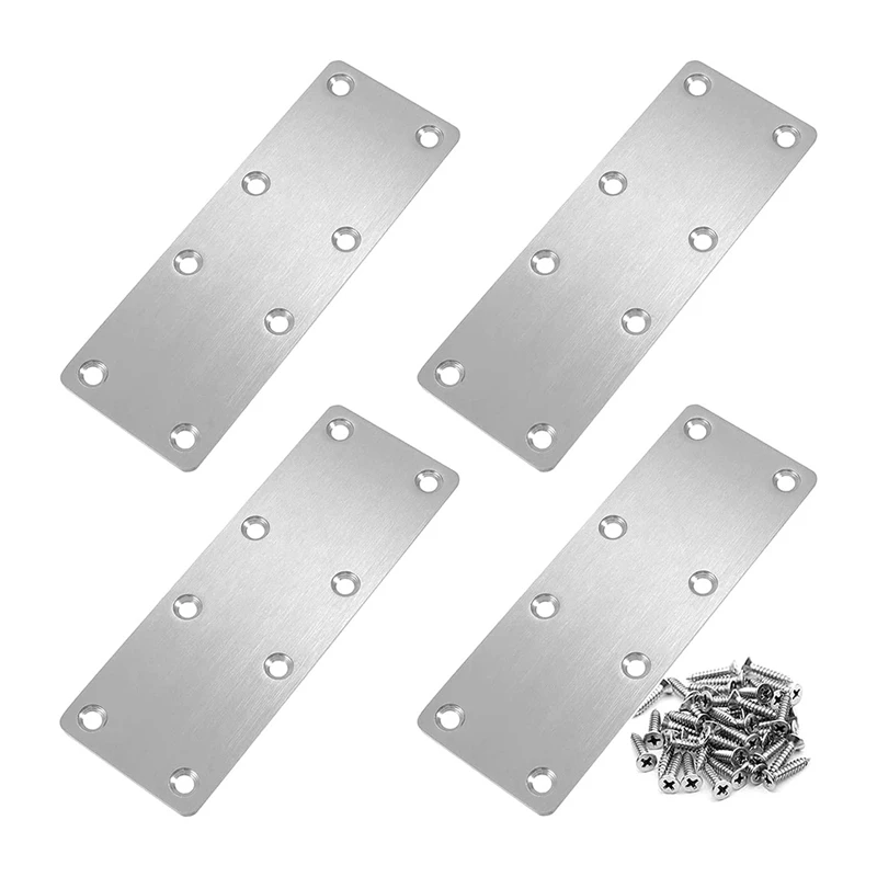 4 PCS Straight Bracket Flat Mending Plate Stainless Steel Brace with Screws for Furniture Wooden Door Wood-A69M