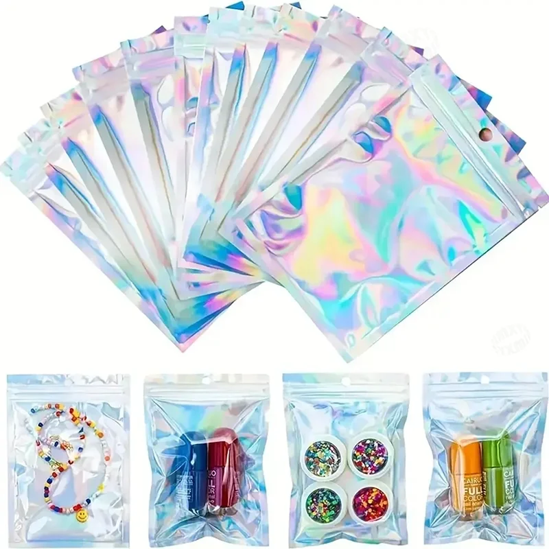 

100pcs/lot Iridescent Zip lock Bags Pouches Cosmetic Plastic Laser Zipper Plastic Retail Packaging Poly Pouches Ziplock Bags