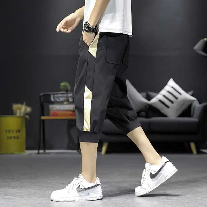 Summer Men Workwear Stripes Trendy and Versatile Casual Sports Thin Style Tying Feet Cropped Pants
