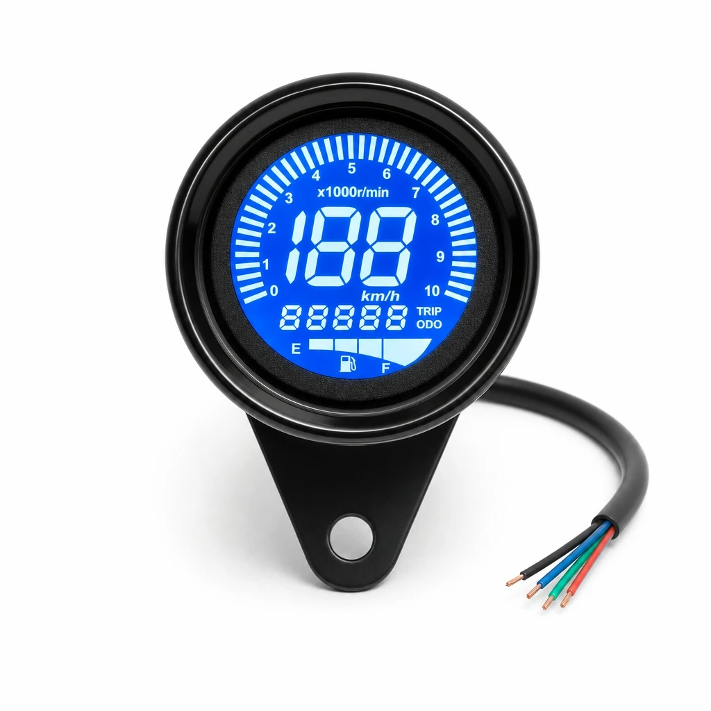 12V Retro Round Full LCD Motorcycle Speedometer Tachometer Fuel Gauge Odometer Multi-Function Digital Dashboard 7 Color Backligh