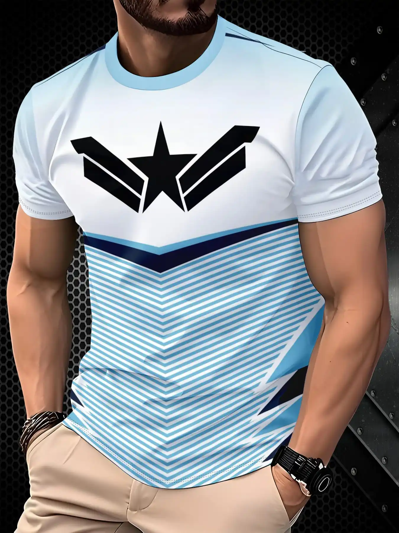Men Light Blue White Gradient Star Wing Logo Chevron Stripe Print Crew Neck Short Sleeve T-shirt