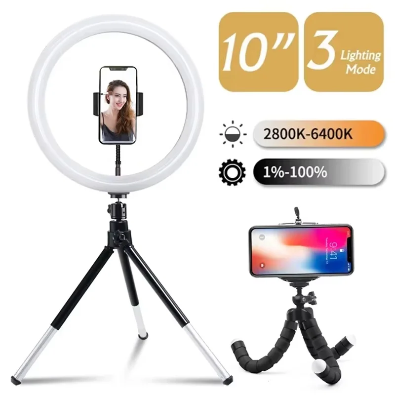 Anillo de luz LED de 10 pulgadas, iluminación para fotografía, luz de anillo para teléfono con soporte de trípode, lámpara de relleno redonda para teléfono, lámpara para Selfie de vídeo en vivo