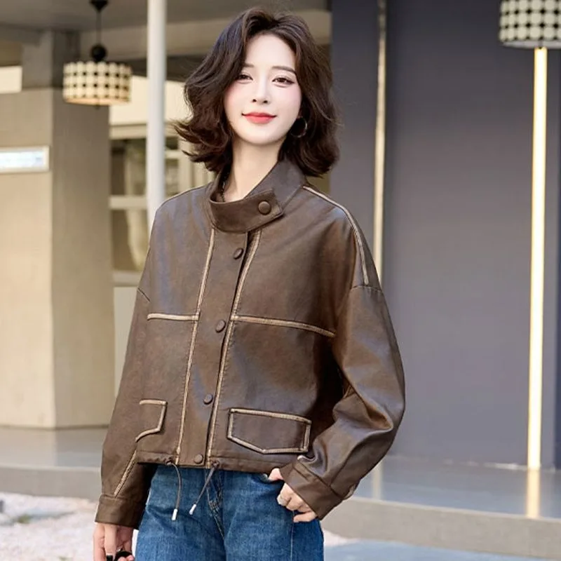 A New Style of Casual Hong Kong-style Retro Stand-up Collar Leather Jacket for Women Featuring Short Stylish Loose Leather Top