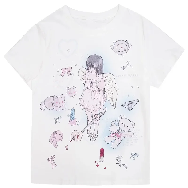 Anime Print Short Sleeve Loose T-shirt White Long Harajuku Subculture Tops Y2k Japanese Women Casual Fashion Summer 2024 Tees