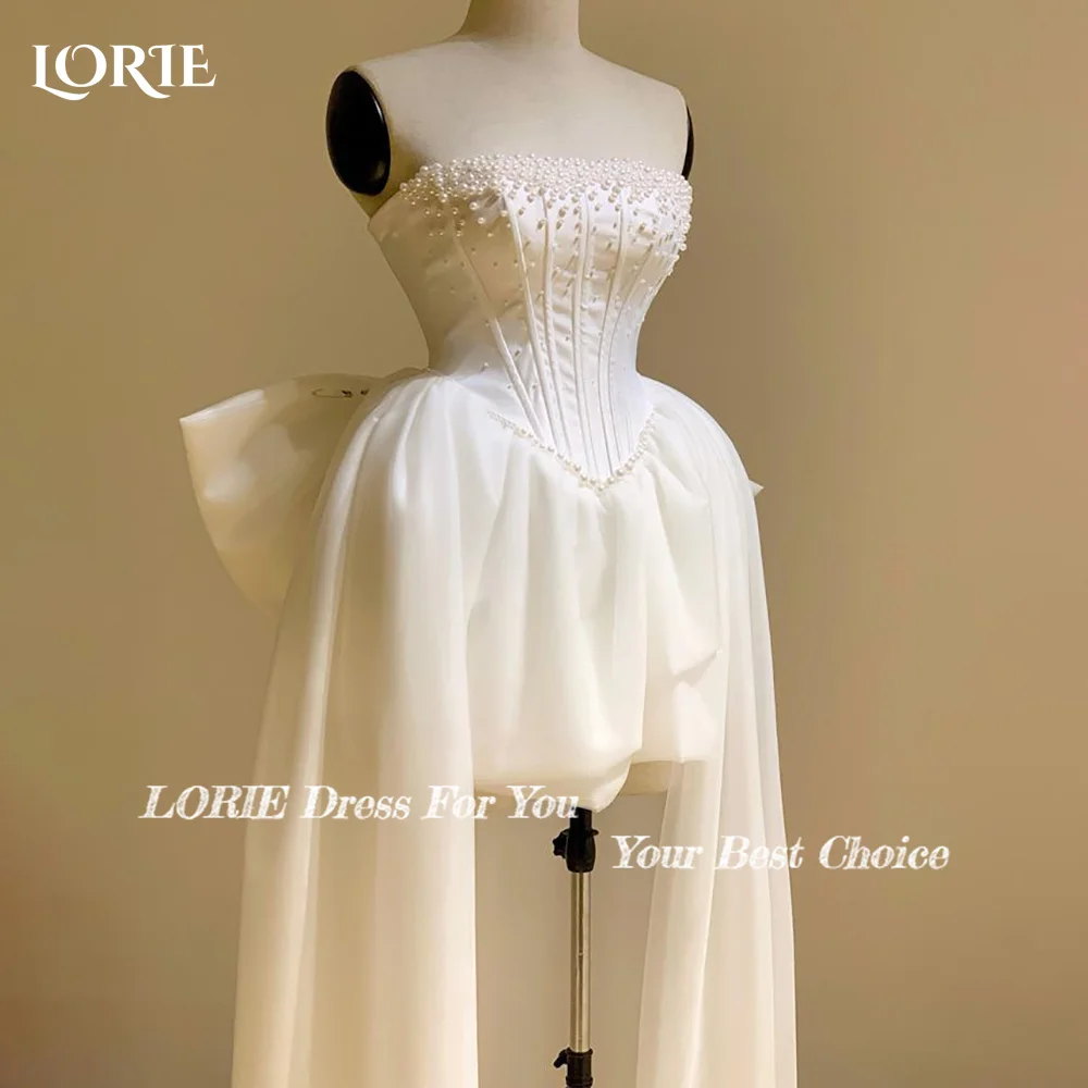 LORIE Pearls Short Wedding Dress Bow Puff Pleats Ball Backless Elegant Corset Mini Bridal Gown Princess Bride Gowns Customized