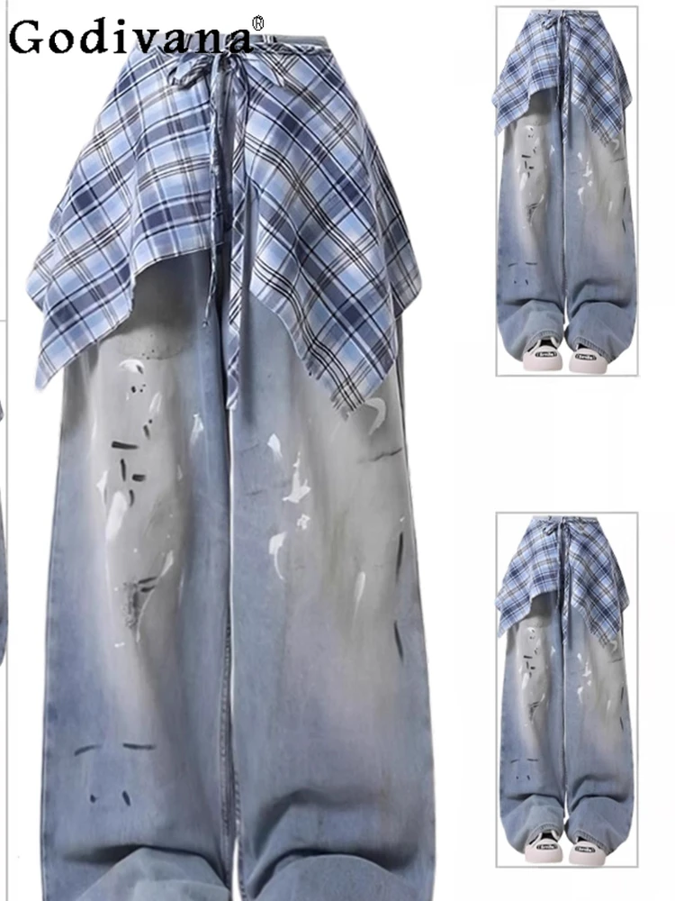 

Большой размер 2XL-6XL, синие клетчатые корейские джинсы с высокой талией, съемный фартук для девочек, свободные универсальные модные прямые брюки для отдыха
