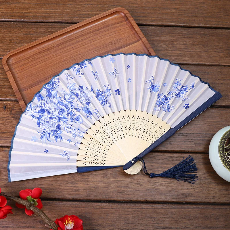 Chinese Style Tassel Silk Folding Fan Art Craft Gift Home Wedding Decor Ornament Bamboo Shank Classical Dance Fan