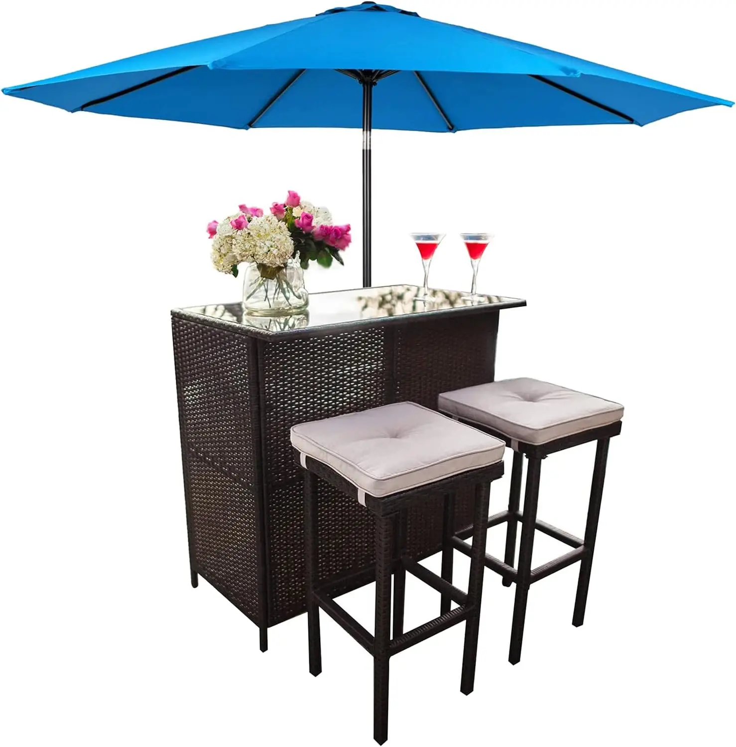 Outdoor Bar Set 3-Piece Rattan Wicker Patio Furniture, Glass Bar and Two Stools with Cushions and 9 FT Patio Umbrella for Patios