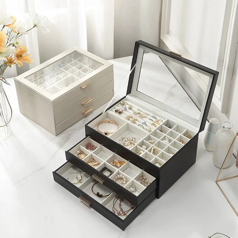 

3Layers Jewelry Box Portable Jewelry Organizer Display Travel Jewelry Case Boxes Button Leather Storage Zipper Jewelers Joyero