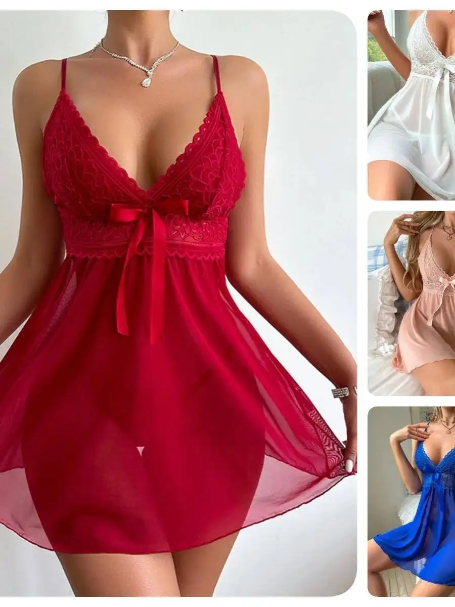 ชุดเดรสซีทรูผ้าลูกไม้เซ็กซี่สำหรับฤดูร้อน สายเดี่ยวเว้าลึก บางเบา ชุดนอนสีพื้น แต่งโบว์  ชุดเดรสโปร่งใสสวยงาม JOBE