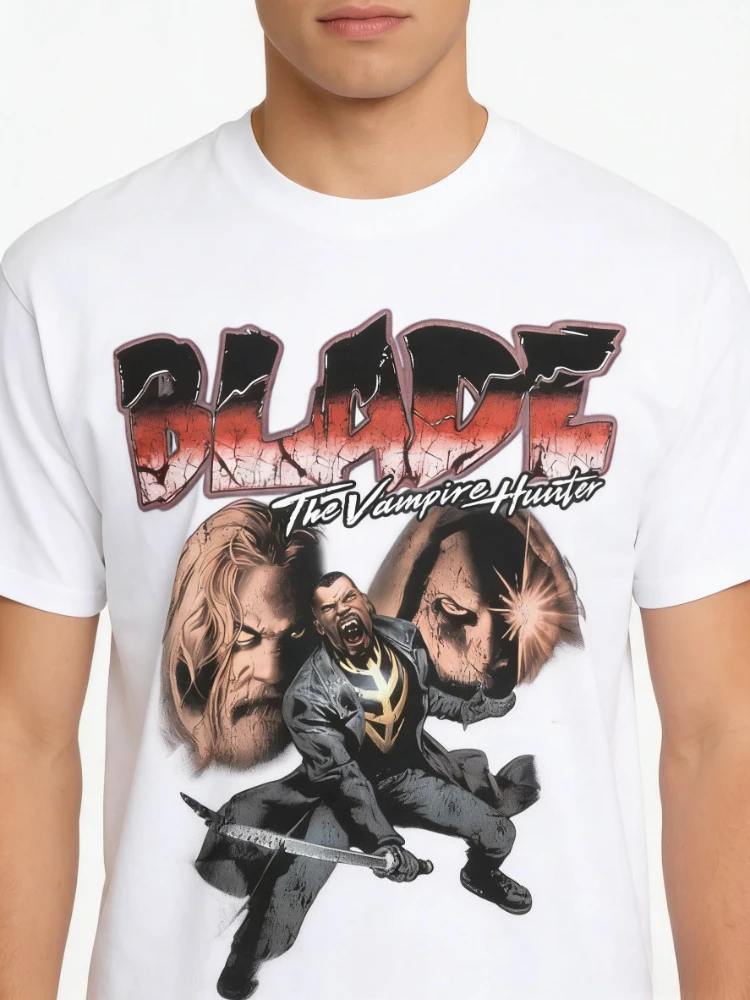 Marvel 2026 Nuevo estampado de cómic de Marvel "The Blade Vampire Hunter", camisetas informales de manga corta para hombres y mujeres