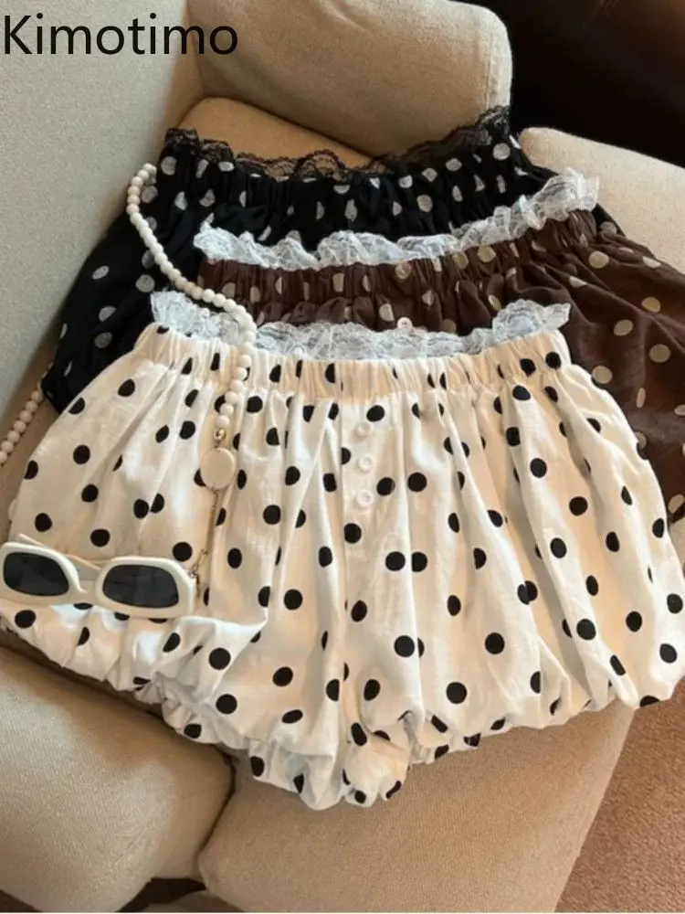 Kimotimo Sweet Polka Dot Bud Shorts Women Lace Elastic Waist Lantern A-line Short Pants Summer Fashion Versatile Y2k Bottoms New