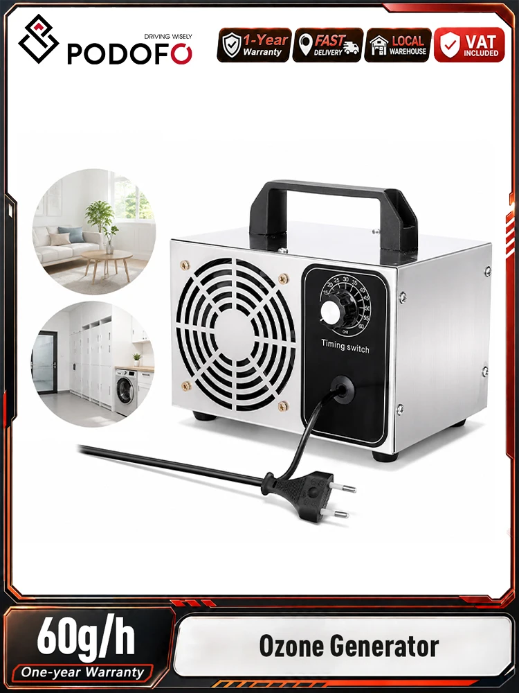 Podofo Luft-Ozon-Sterilisator, 60 g/h Ozonausstoß, Ozongenerator, Formaldehydentfernung, Zeitsteuerung, Ozondesinfektor, Desodorierer für Zuhause, Büro, Auto, gewerbliche Räume