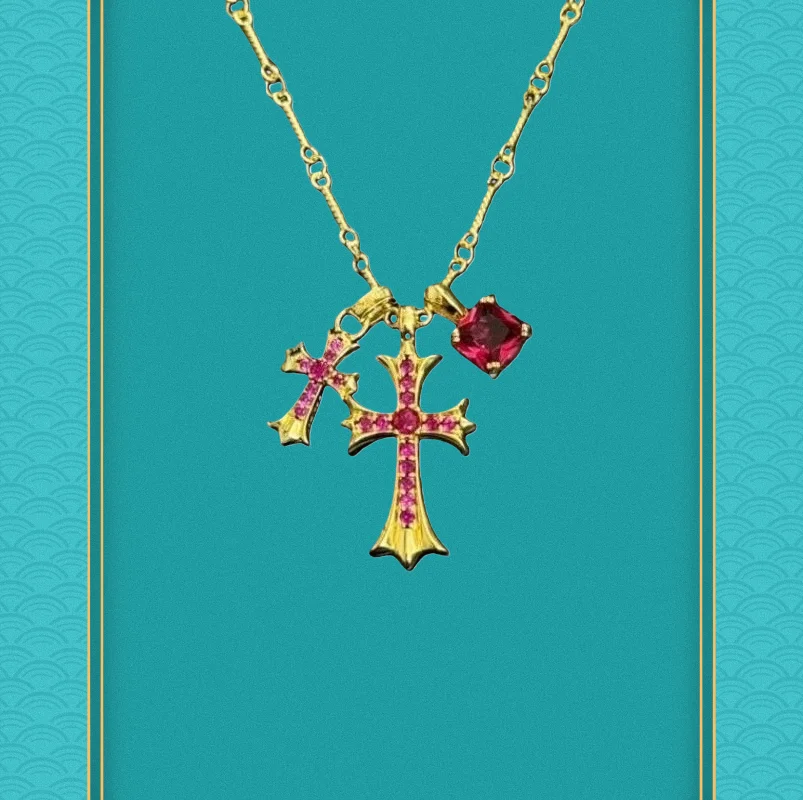 

Gold-Tone Red Crystal Cross Pendant Necklace - Luxe Vibrant Statement Jewelry