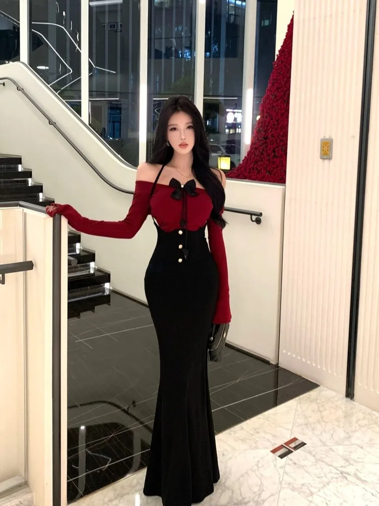 Elegant 2-piece Skirt Set For Women Red One-shoulder Knitted Top High-waist Bandage Bodycon Mermaid Skirt Trendy Commute Clothes