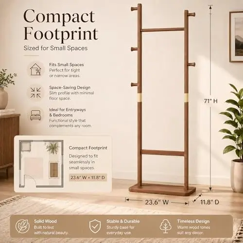 Solid Wood Coat Rack Freestanding, Clothing Rack with 5 Hooks & Bottom Shelf, Coat Rack Stand for Hanging Clothes, Wood