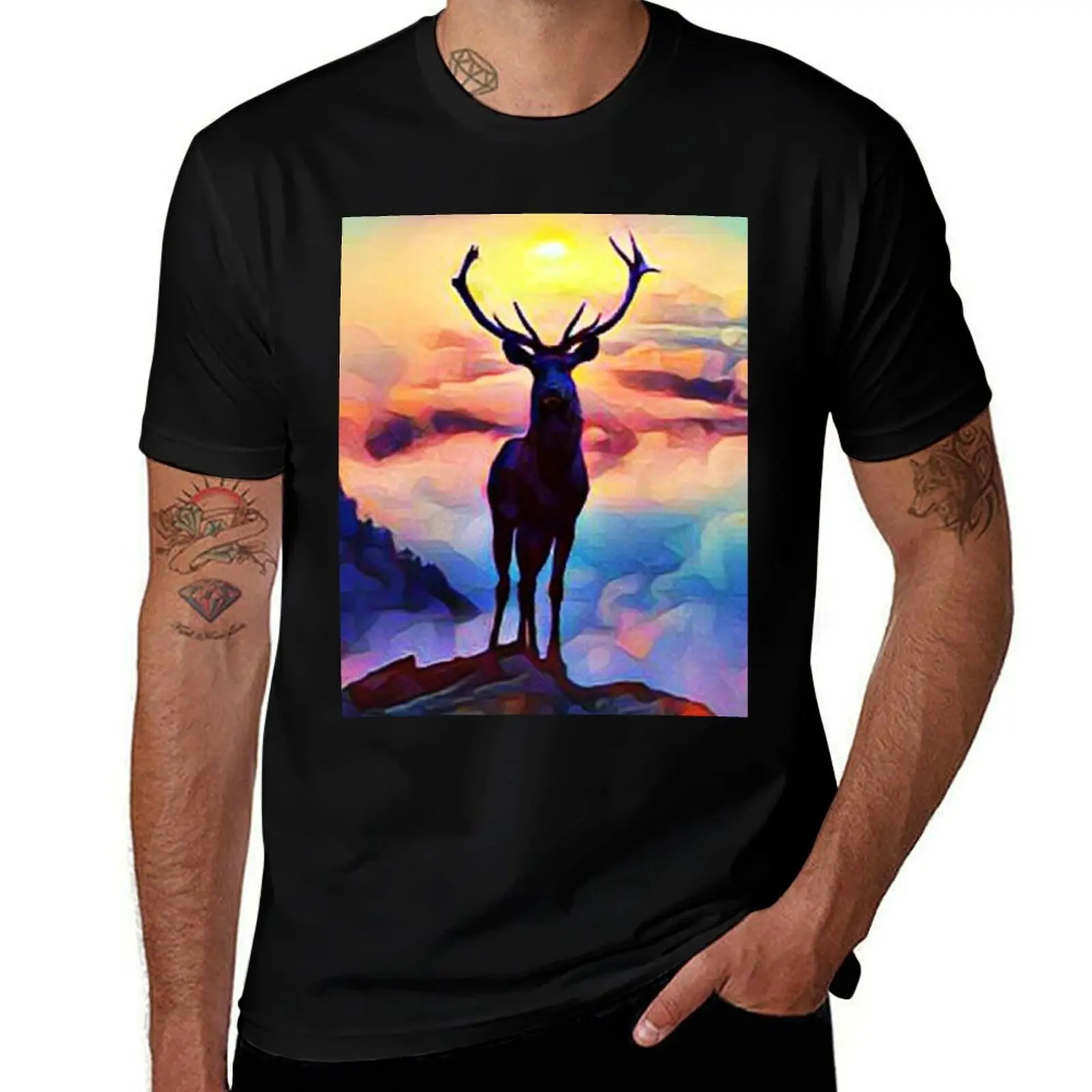 Magical Deer Abstract Painting Art Design T-Shirt man t shirts cotton T-Shirt