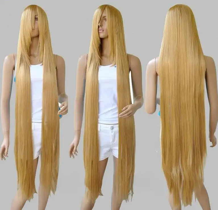 Kostenloser Versand 130cm 51 ''lange Rapunzel verwirrte hell goldene blonde gerade Cosplay Haar Perücke