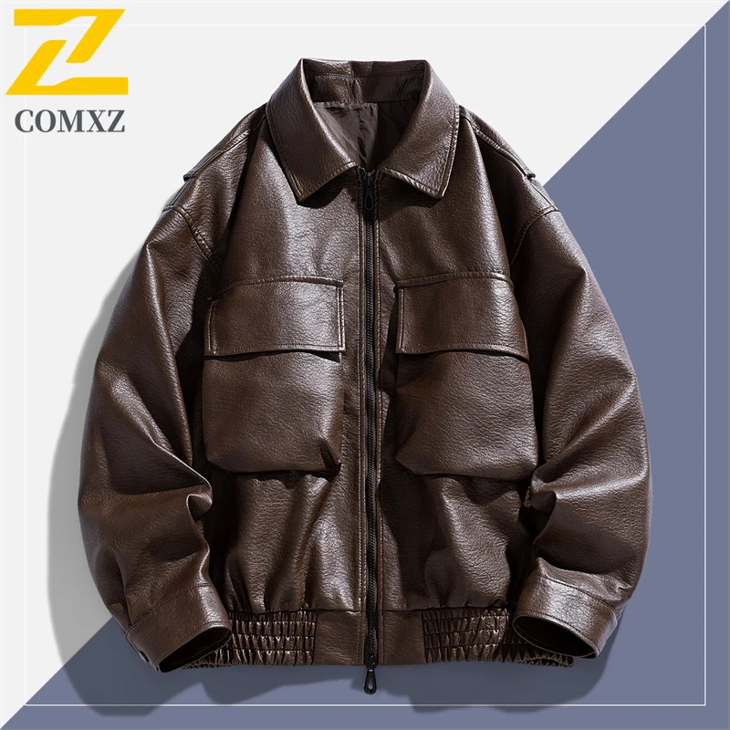 

COMXZ Male Leather Jacket Classics Turndown Collar Camping Windproof PU Leather Coat Casual Korean Style Slim Autumn New Coat​