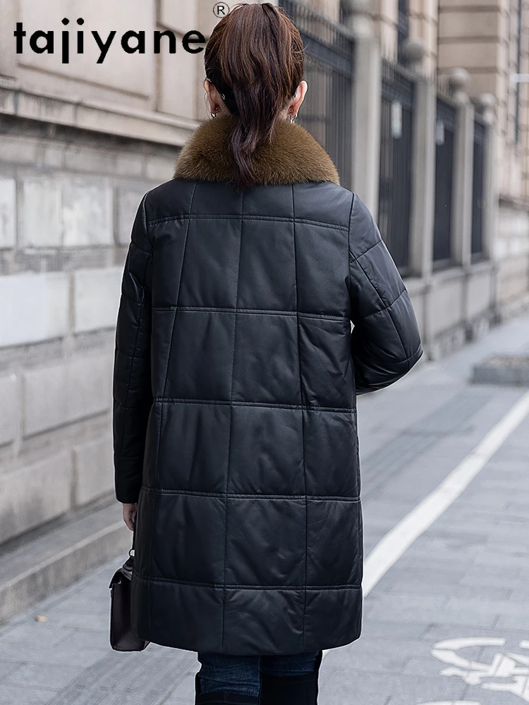 TAJIYANE 100% جلد الغنم بطة أسفل معطف أسود حقيقي جلدية سترة منفوخة النساء مع الثعلب الفراء طوق الملابس الشتوية 2025 doblianка