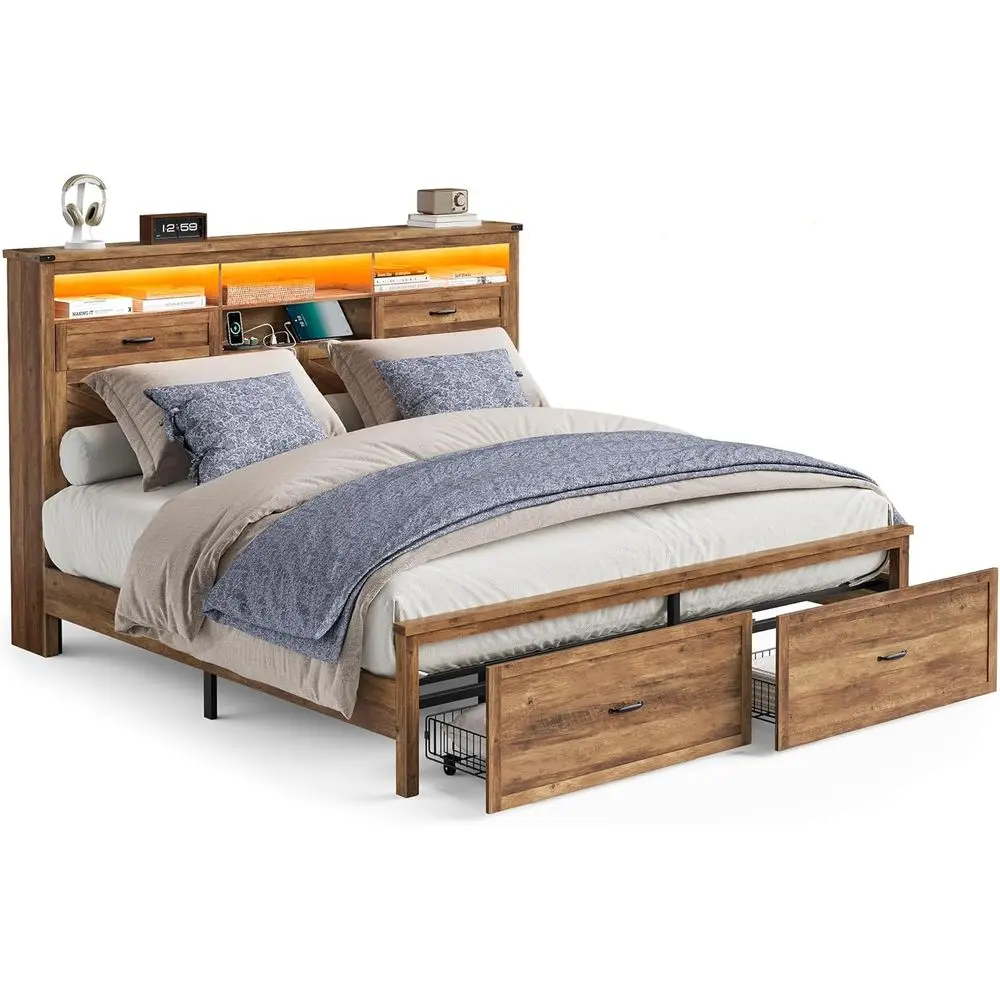 

Кровать King Size с местом для хранения, подлокотниками, LED-подсветкой, зарядной станцией, бесшумная, не требует пружинного блока, цвет карамельно-коричневый