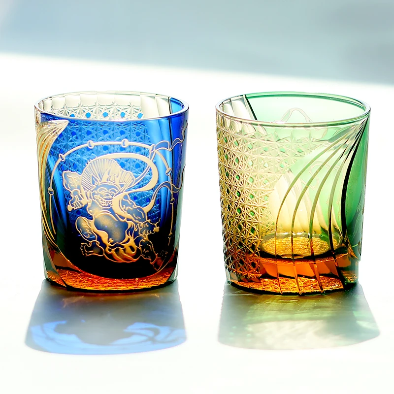 Japanese Edo Kiriko Amber Blue Green Glass for Dinner Parties Bars 250ml Crysatal Wine Whiskey Glass with Gift Packing