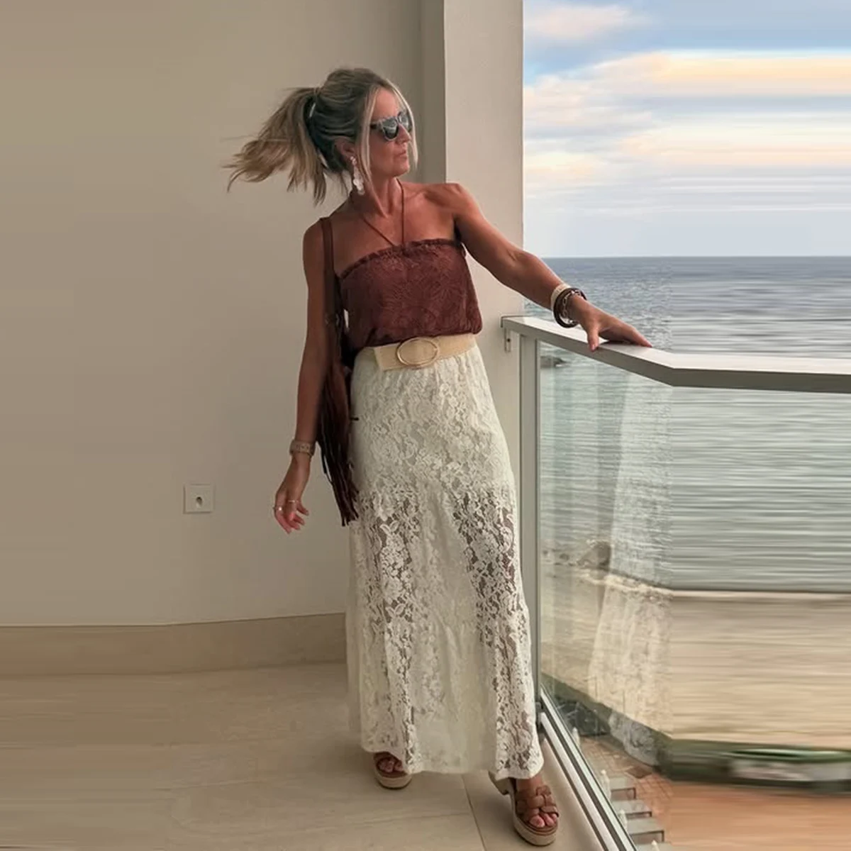 

Gorgeous Lace Long Skirts Sexy See Through High Waist Women Pencial Skirt Girls Birthay Party Skirt No Belt