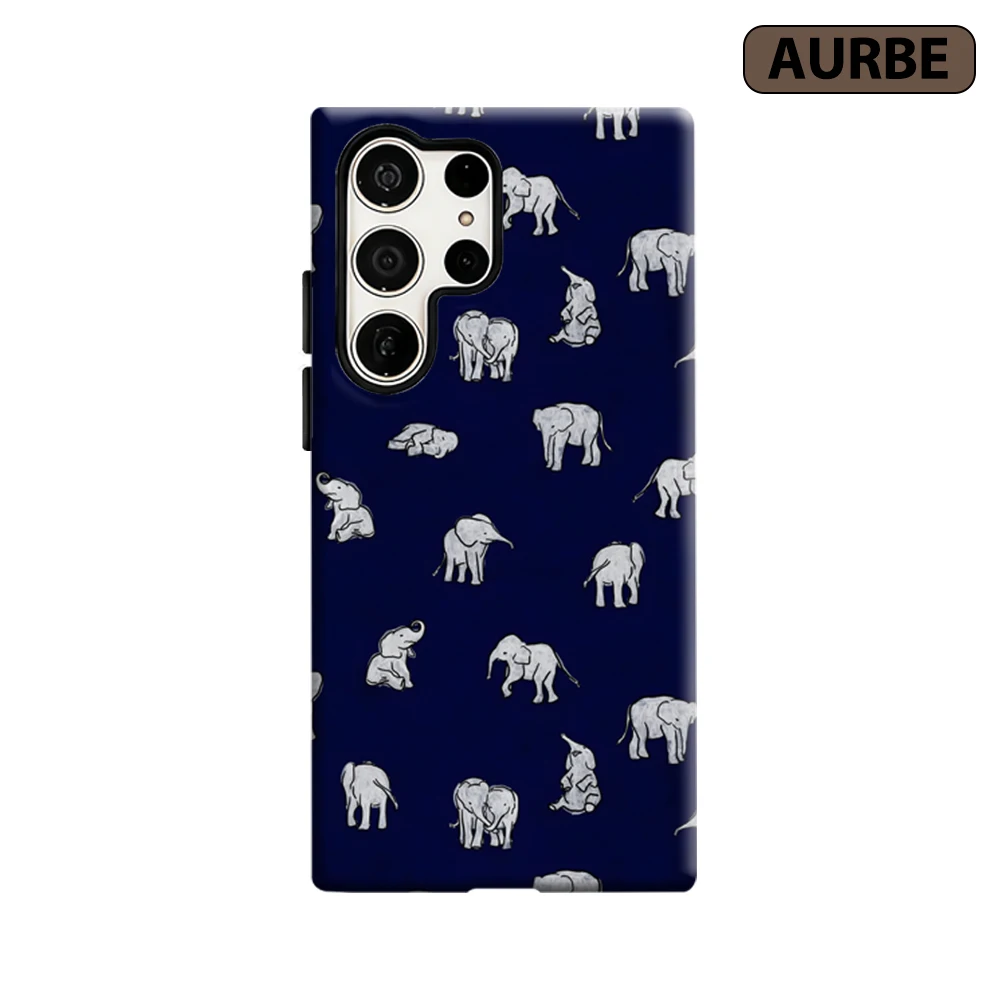 Navy Elephant Pattern Phone Case for Samsung Galaxy S26 S25 Ultra S24 S23 Ultra Plus Shockproof Double Layer Tough Back Cover