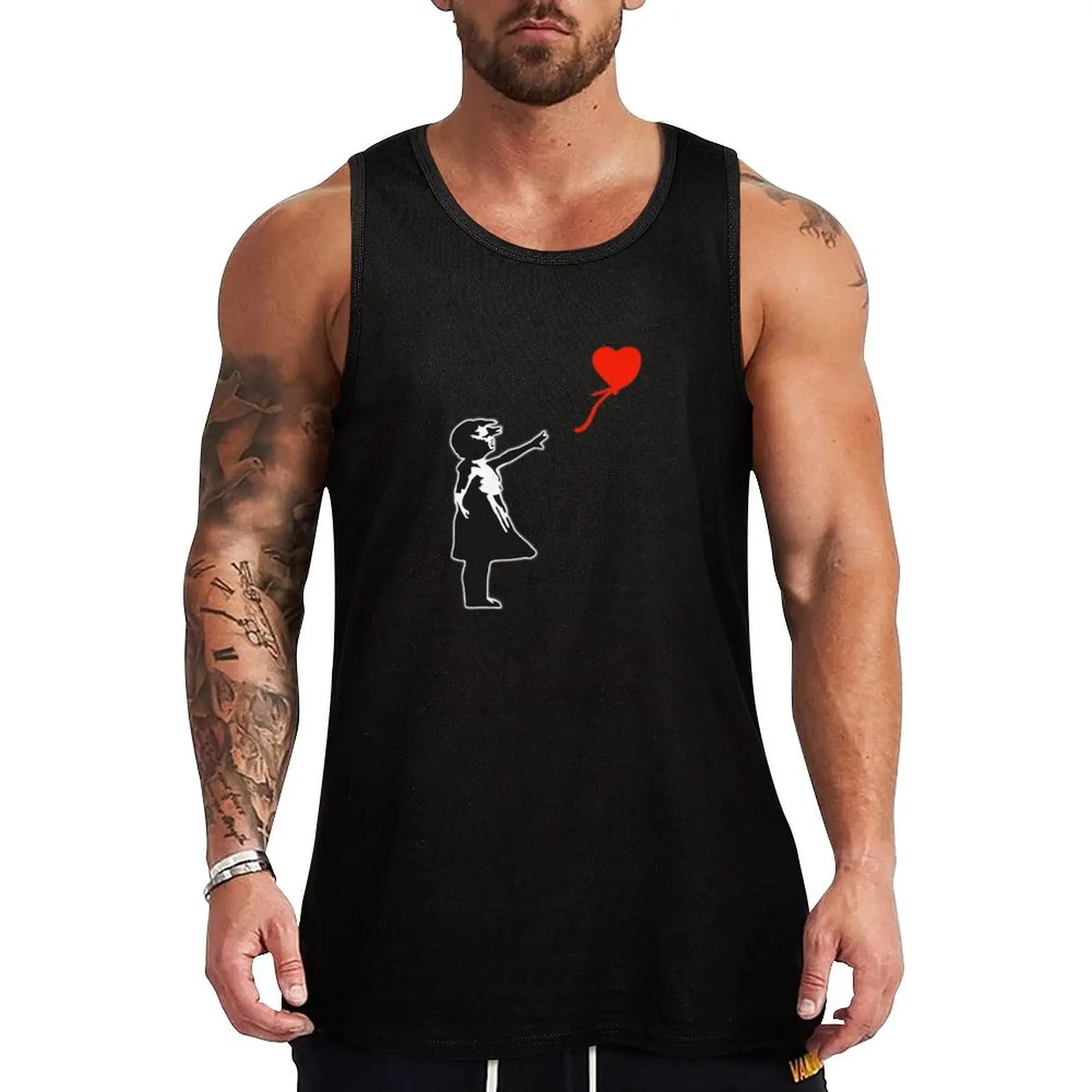 

Banksy Balloon Girl White Outlines Spray Paint And Stencil Tank Top Men's singlets training weight vest sleeveless vests