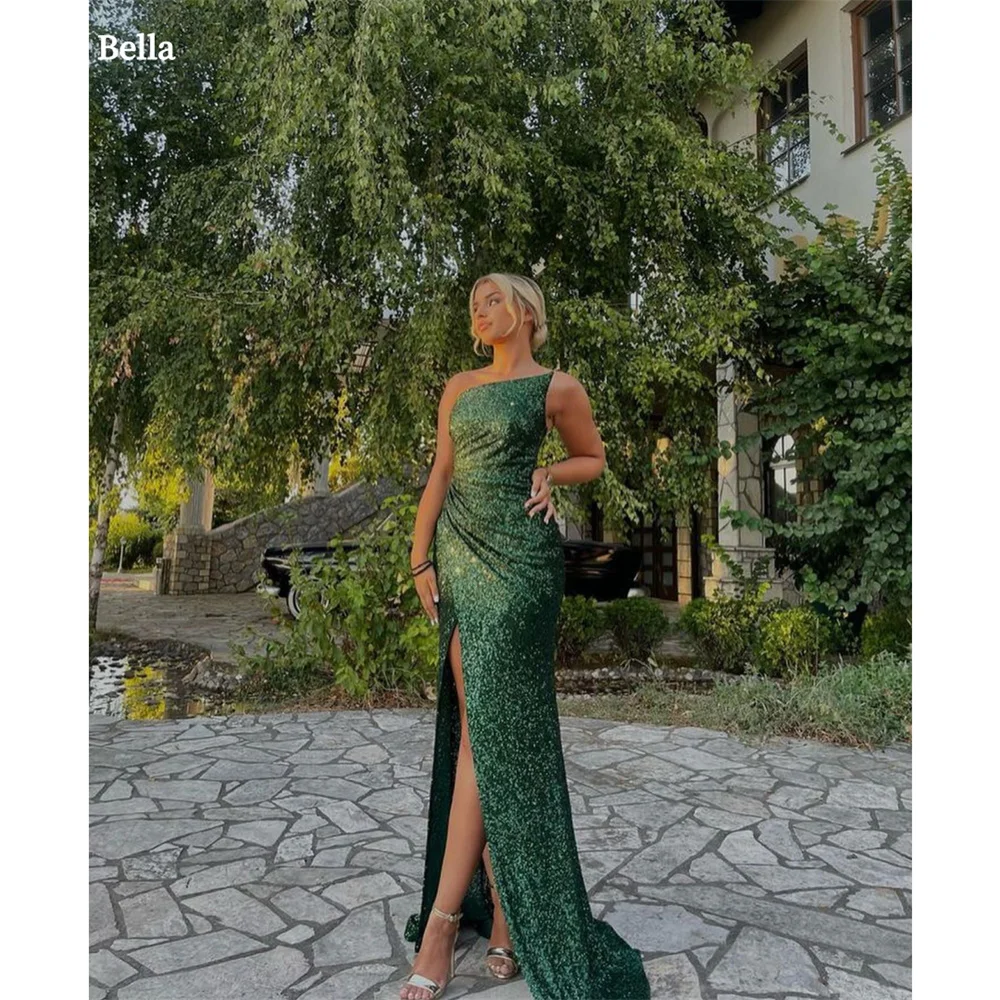 Bella Sequin Mermaid Exquisite robes de soirée One Shoulder Floor-Length Evening Dresses Side High Split Clubbing Wedding Dress