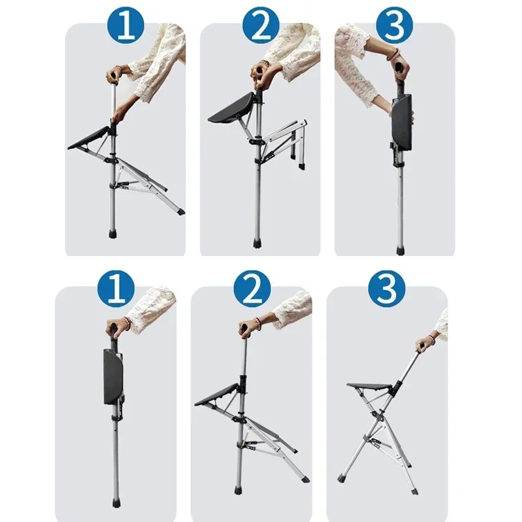 New High Quality Aluminum Alloy Foldable Walking Cane Stick With Seat Adjustable Elderly Crutch Chair With Stool