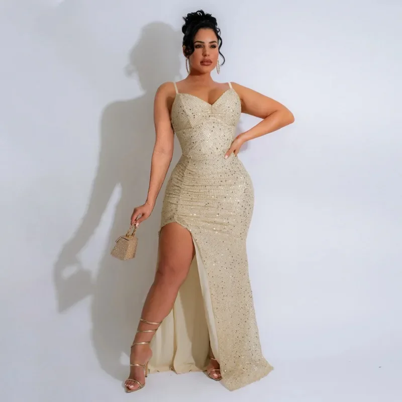 

GUWU Women Sequined Strap Backless High Side Split Bodycon Long Maxi Dress Birthday Vestido Sexy Club Party Evening Dresses