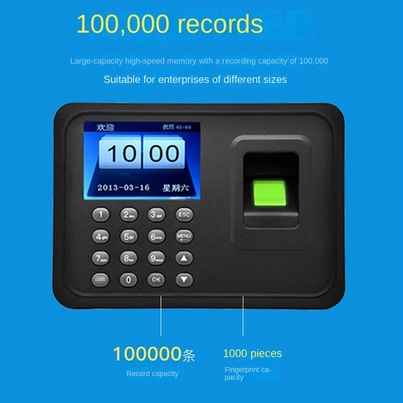 พลาสติกเครื่องเข้าร่วมประชุม Biometric Attendance System ความจุลายนิ้วมือ 1,000 รองรับไดรเวอร์ USB ดาวน์โหลดปลั๊ก AU