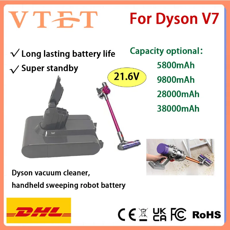 

VTET Dyson V7 vacuum cleaner, sweeping machine battery 21.6V 2800mAh lithium-ion rechargeable 350W ultra long battery life
