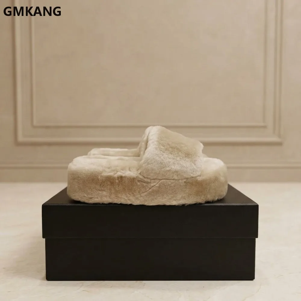 Fuzzy Fur Platform Slide Slippers for Women Open Toe Winter Warm Thick Sole Comfortable Indoor Outdoor House Sandals