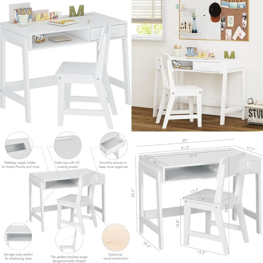 

Children's Wooden Study Desk with Drawers, Ergonomic Kids Desk and Chair Set for Homework and Computer Use