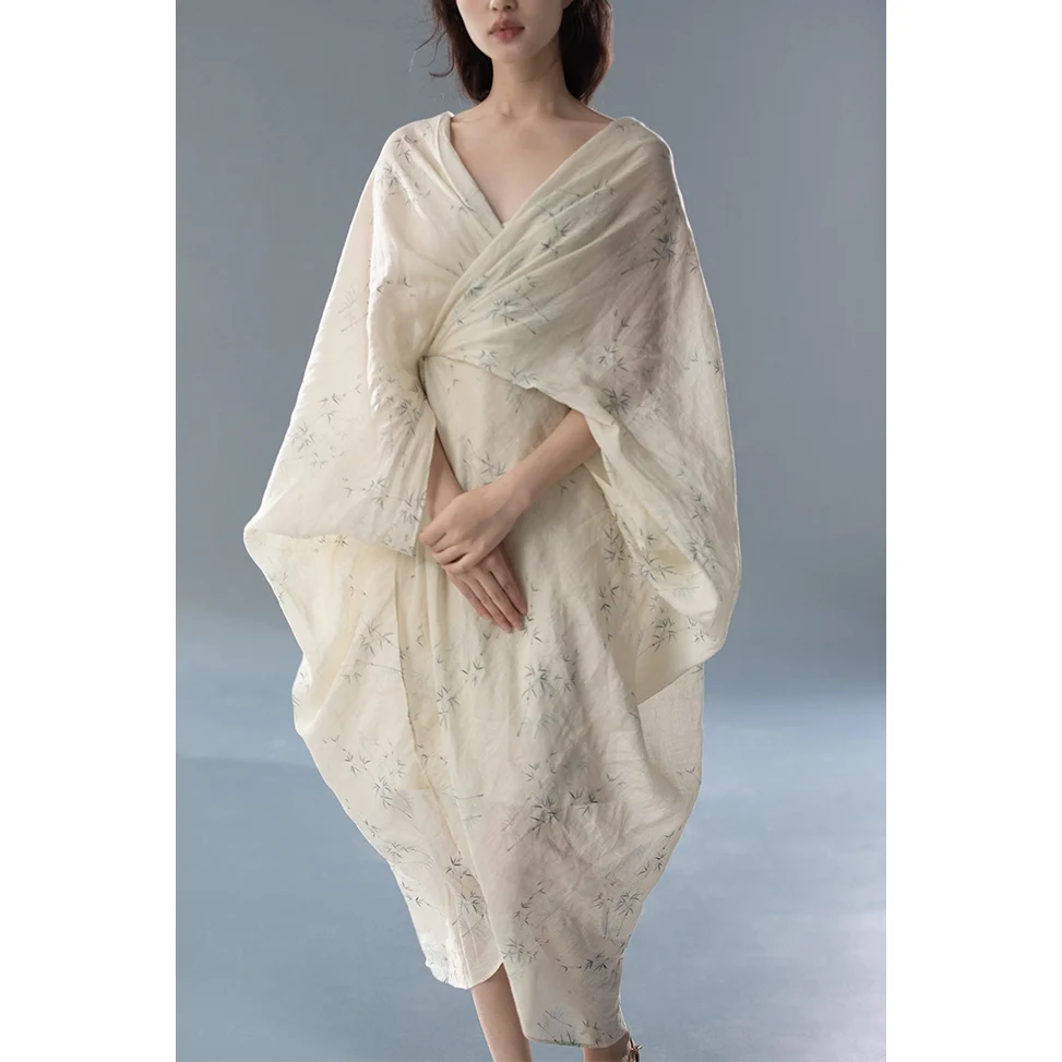 

New Chinese Style Hanfu Dress Backless Travel Long Skirt Women's Fashion Summer Casual V-neck Seven-sleeve Zen Buddhism