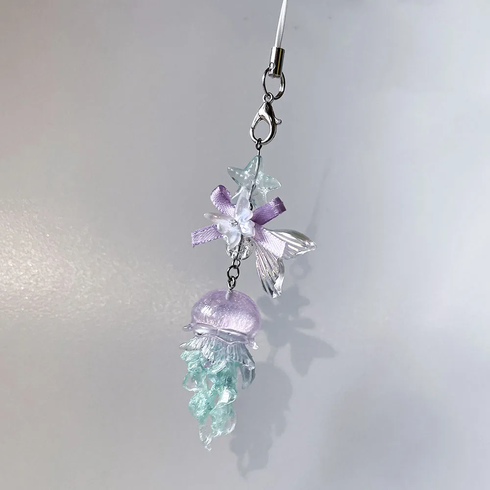Purple Cyan Jellyfish Phone Chain Charm Fairycore Starfish Mermaid Fishtail Bow Bead Keychain Strap Car Key Camera Decor Gift