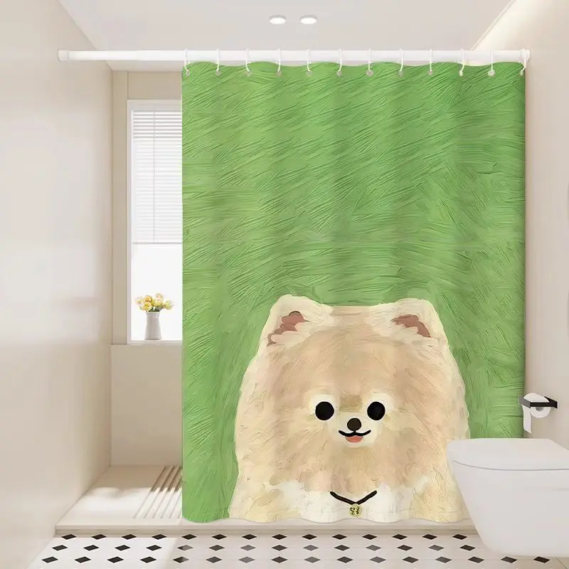 

VIKAMA Healing-Style Cute Pet Shower Curtain Light Brown Puppy with Black Eyes and Smiling Print Warm Bathroom Home Decor