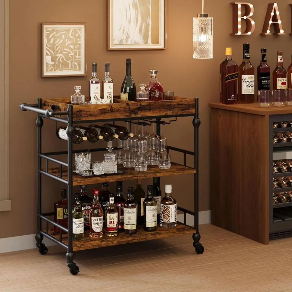 

Rustic Brown 3-Tier Rolling Bar Cart with Wine Rack & Glass Holder for Kitchen, Dining, Living Room