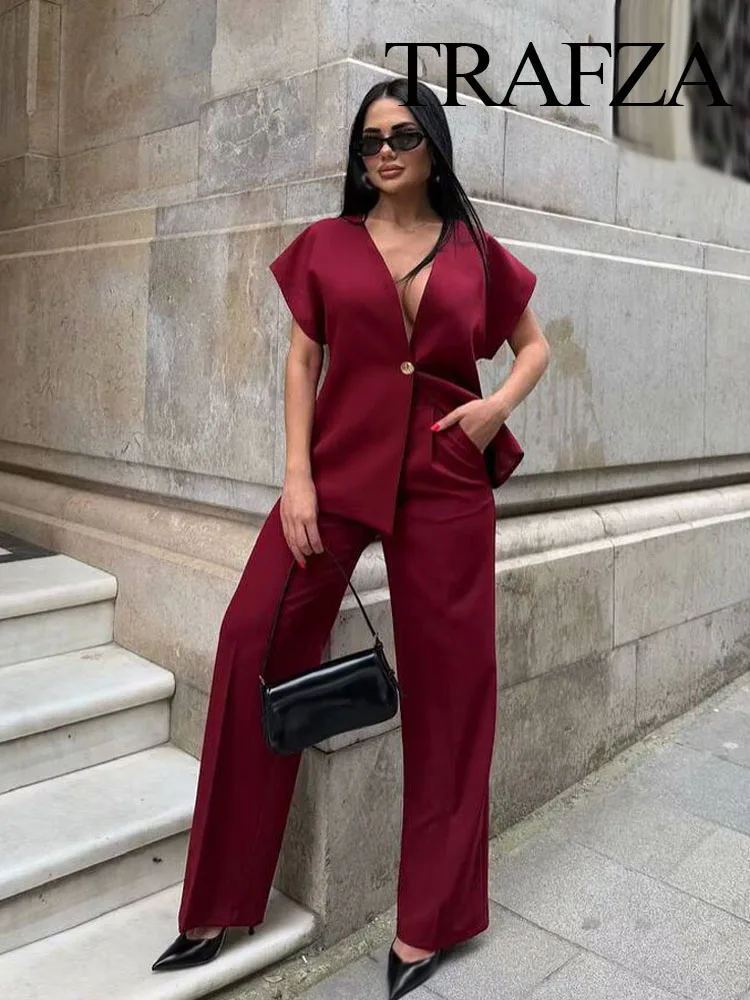 

TRAFZA Women Fashion Suits Solid V-Neck Sleeveless Single Button Vest Tops+High Waist Pockets Zipper Long Pants Female Chic Sets