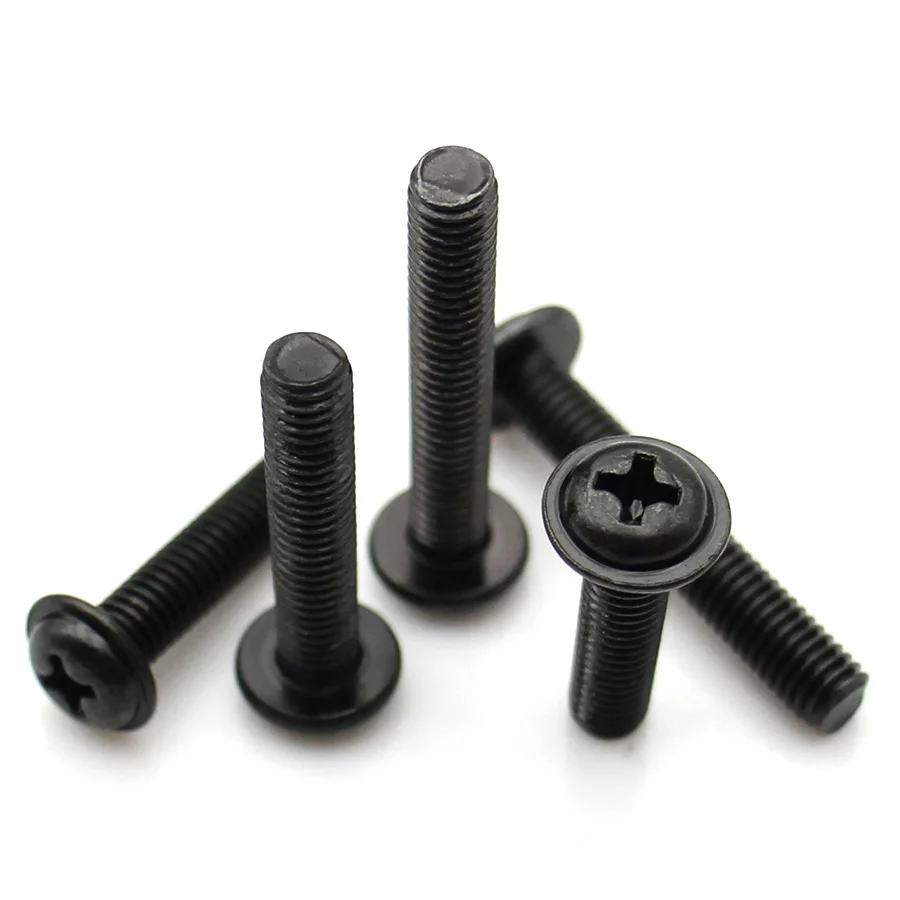 10-80pcs Black Carbon Steel Phillips Recessed Cross Pan Head Machine Screws with Washer SEMS Screw M1.4 M2 M2.5 M3 M3.5 M4 M5 M6