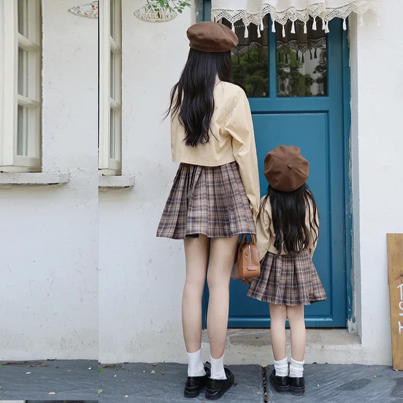 Mom and Daughter Matching Clothes Sets Mother Girls Equal Outfits Mummy and Me Long Sleeve Blouse + Plaid Skirts Two Piece Suit