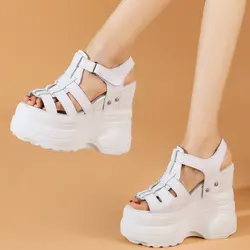 16cm Wysokie obcasy Czółenka Plus Size Buty Kobiety Prawdziwa Skóra Kliny Gladiator Sandały Kobiety Otwarty Palec Trampki Duży Rozmiar Buty